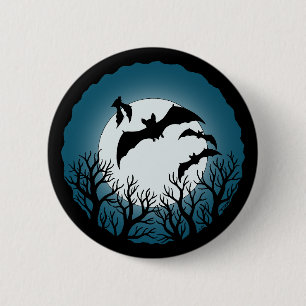 Badge Rond 5 Cm Chauves-souris et arbres contre la lune