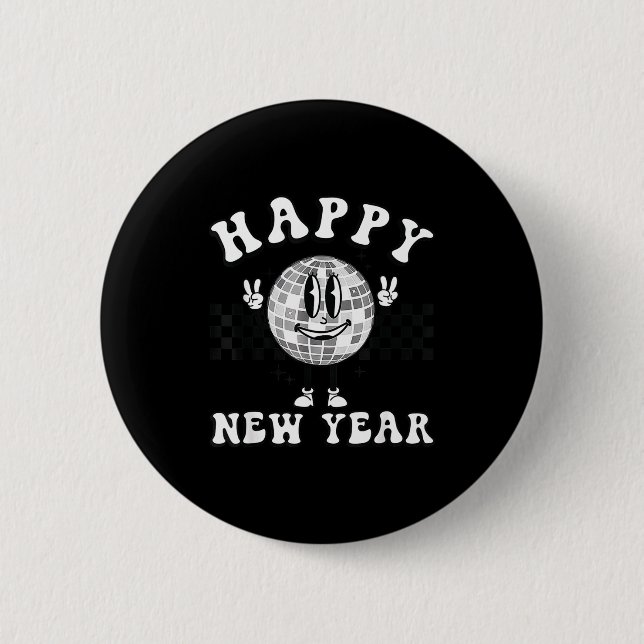 Badge Rond 5 Cm Checkered Happy New Year 2026 Disco Ball New Year  (Devant)