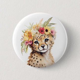 Badge Rond 5 Cm Cheetah Flower Crown Art Aquarelle Safari Wild