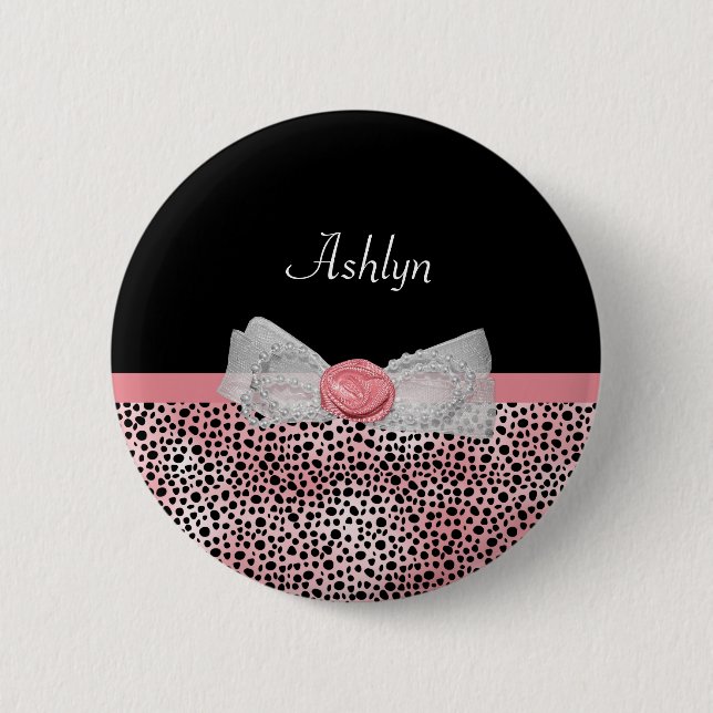 Badge Rond 5 Cm Cheetah rose et noir Imprimer Cute Bow avec nom (Devant)