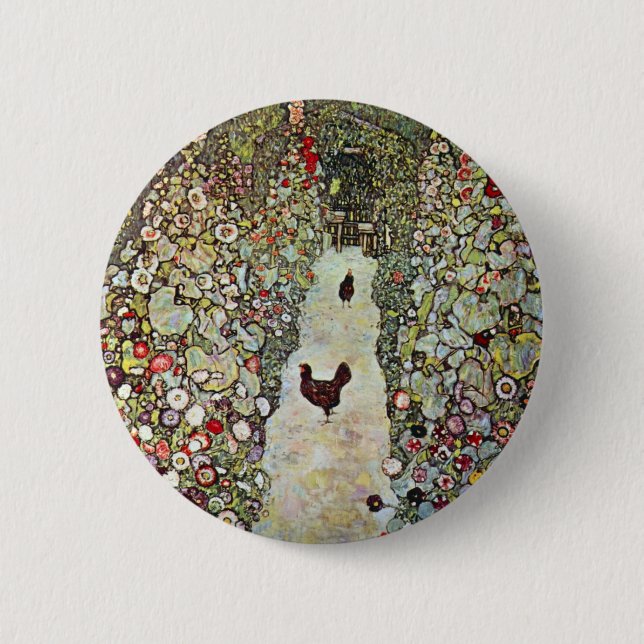 Badge Rond 5 Cm Chemin de jardin avec poulets, Gustav Klimt, Art N (Devant)