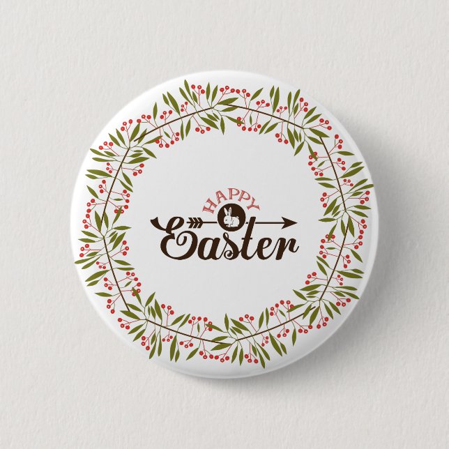 Badge Rond 5 Cm Cheminée Ronde Rouge Et Vert Florale Avec Lapin (Devant)