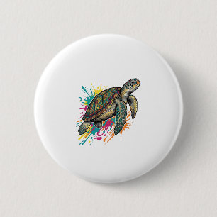 Badge Rond 5 Cm Chemise Vintage Gravure Tortue de Mer Couleur Spla