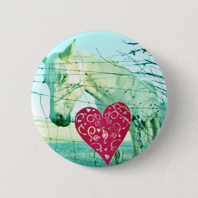 Badge Rond 5 Cm Cheval Blanc Coeur Rouge Saint Valentin (Devant)