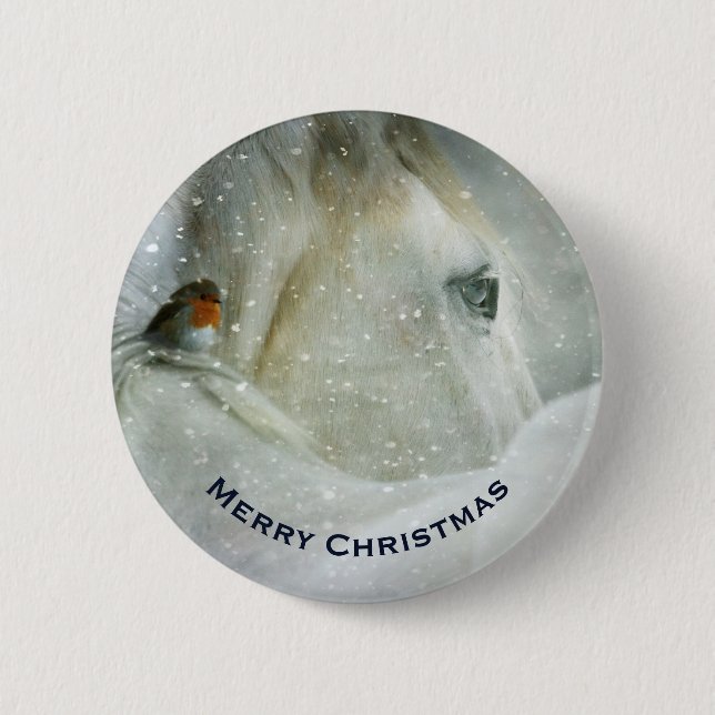 Badge Rond 5 Cm Cheval blanc et oiseau dans une neige hivernale No (Devant)