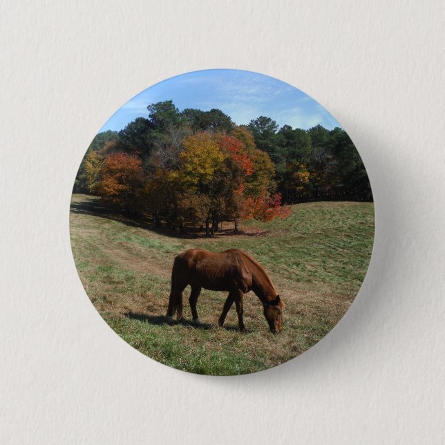 Badge Rond 5 Cm Cheval Brown avec arbres à automne (Devant)