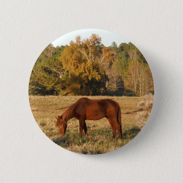 Badge Rond 5 Cm Cheval Brown dans le champ d'arbre jaune (Devant)