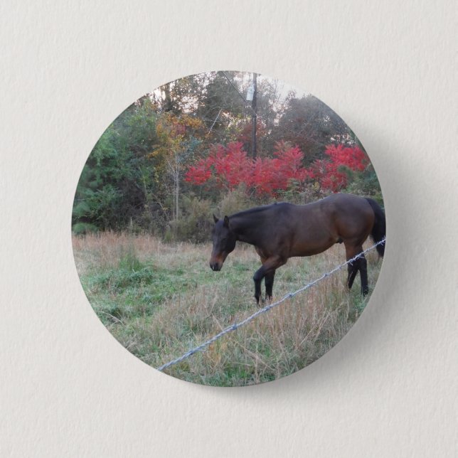 Badge Rond 5 Cm Cheval Brown dans les arbres d'automne rouges (Devant)