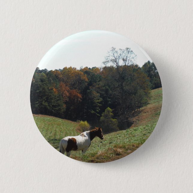 Badge Rond 5 Cm Cheval Brown et blanc à l'étang d'automne (Devant)
