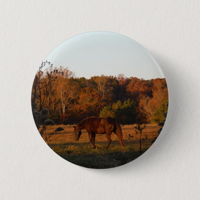 Badge Rond 5 Cm Cheval Brown rouge, bois d'automne. (Devant)