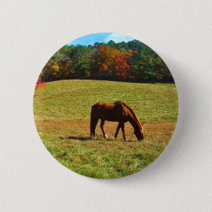 Badge Rond 5 Cm Cheval Brown rouge dans les arbres d'automne