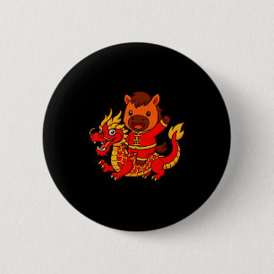Badge Rond 5 Cm Cheval de feu mignon chevauchant le dragon chinois