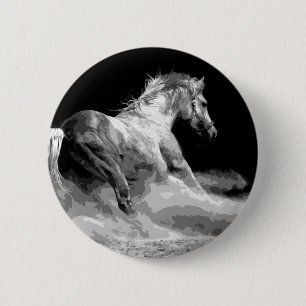 Badge Rond 5 Cm Cheval noir et blanc en action