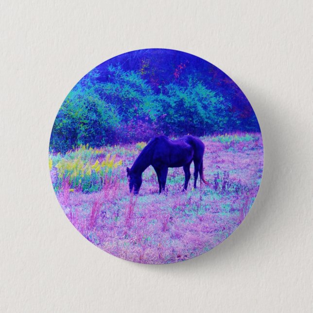Badge Rond 5 Cm Cheval noir violet dans le champ Arc-en-ciel (Devant)
