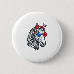 Badge Rond 5 Cm Cheval Patriotique Avec Lunettes De Soleil Drapeau