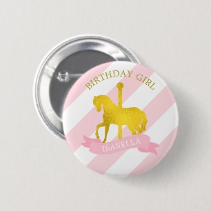Badge Rond 5 Cm Cheval rose "fille de carrousel d'anniversaire "