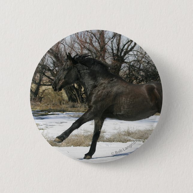 Badge Rond 5 Cm Cheval sauvage de mustang dans la neige 2 (Devant)