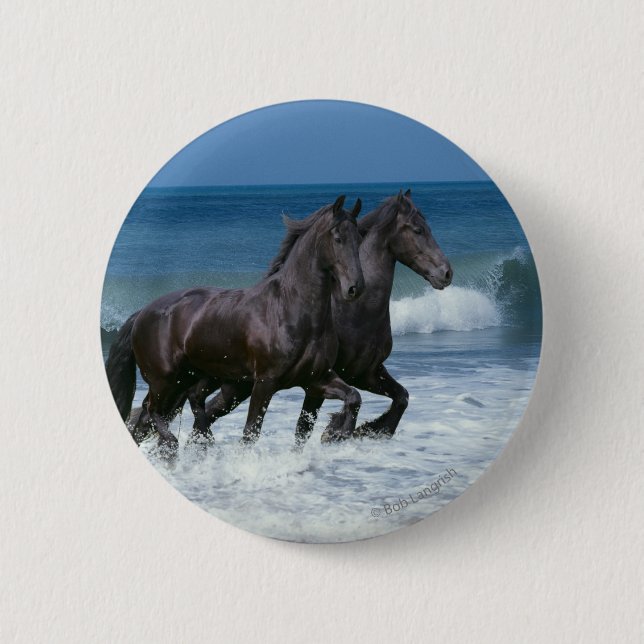 Badge Rond 5 Cm Chevaux d'imaginaire : Frisons et mer (Devant)