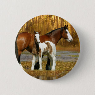 Badge Rond 5 Cm Chevaux d'imaginaire : Jument et poulain