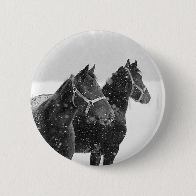 Badge Rond 5 Cm Chevaux en chute de neige (Devant)