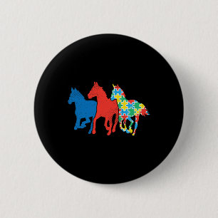Badge Rond 5 Cm Chevaux Puzzle Rouge Bleu Sensibilisation sur l'au