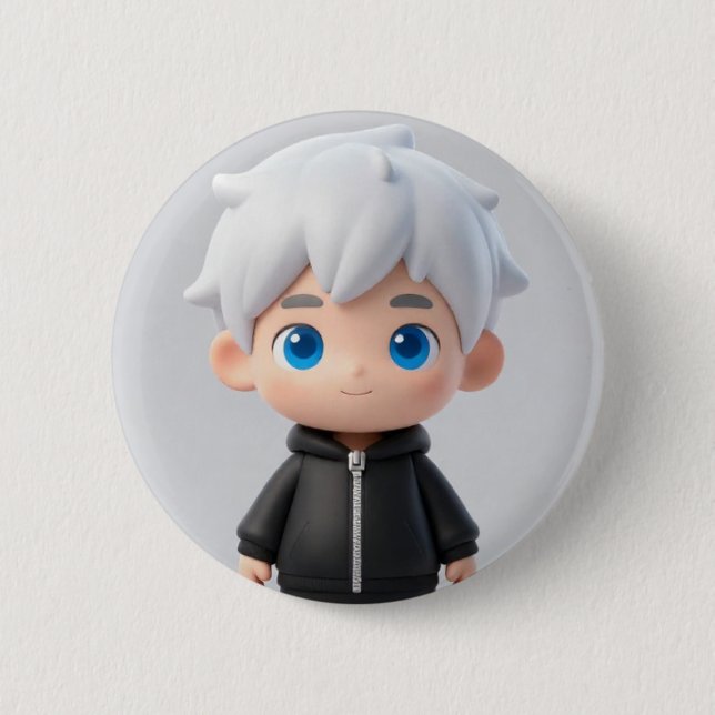 Badge Rond 5 Cm Cheveux Blancs Cool Chibi Garçon Yeux Bleus Acc St (Devant)