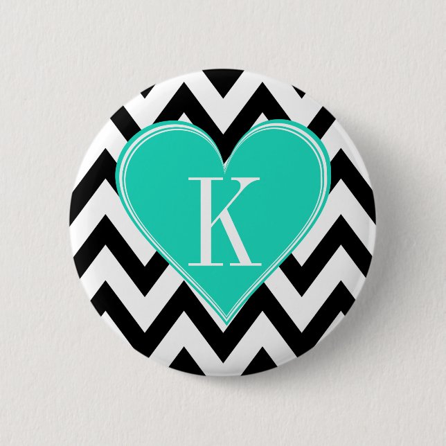 Badge Rond 5 Cm Chevron noir et blanc avec le monogramme turquoise (Devant)