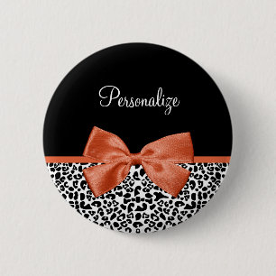 Badge Rond 5 Cm Chic Empreinte de léopard Burnt Orange Bow et nom