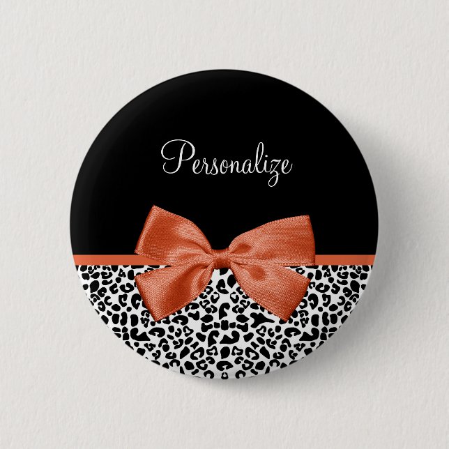 Badge Rond 5 Cm Chic Empreinte de léopard Burnt Orange Bow et nom (Devant)