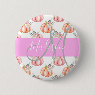 Badge Rond 5 Cm Chic Floral Blanc rose Pêche Citrouille Nom du mon