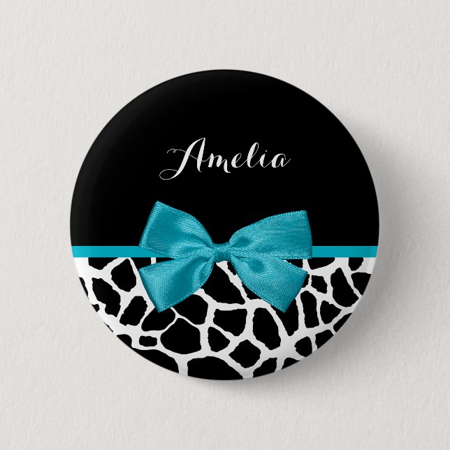 Badge Rond 5 Cm Chic Giraffe Imprimer Aqua Blue Ribbon Bow avec no (Devant)