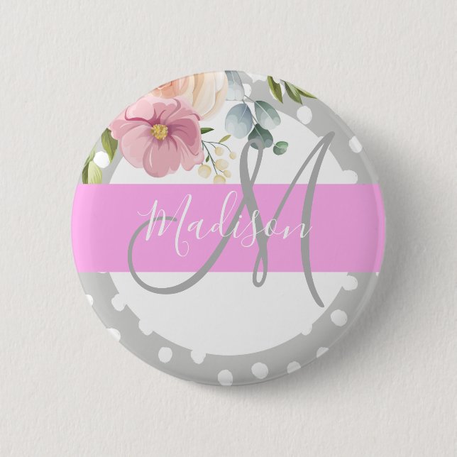 Badge Rond 5 Cm Chic & Girl Floral Blanc rose Gris Nom (Devant)