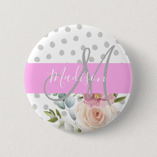 Badge Rond 5 Cm Chic & Girly Floral Blanc Rose Gris Monogram Nom