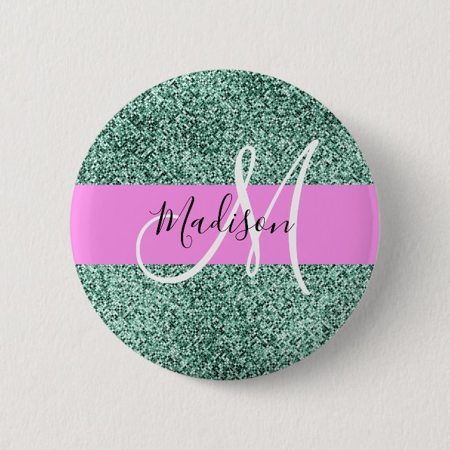 Badge Rond 5 Cm Chic Glam Pink Green Glitter Sparkle Name Monogram (Devant)