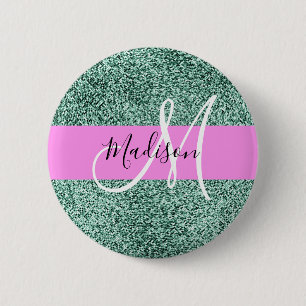 Badge Rond 5 Cm Chic Glam Pink Green Glitter Sparkle Name Monogram