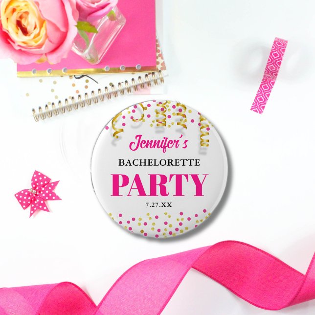 Badge Rond 5 Cm Chic Hot Pink & Gold Dots Bachelorette Party (Créateur téléchargé)
