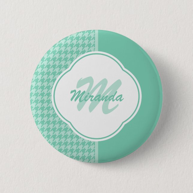 Badge Rond 5 Cm Chic Mint Green Houndstooth avec Monogramme et nom (Devant)