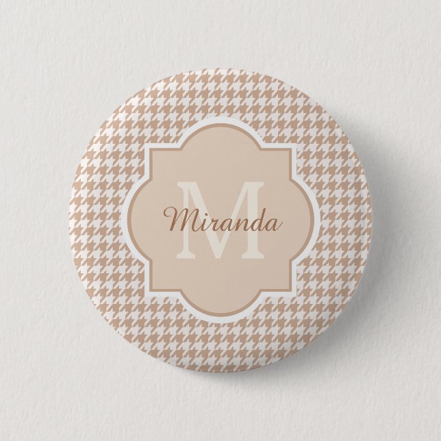 Badge Rond 5 Cm Chic Monogramme Houndstooth Brown Avec Nom (Devant)
