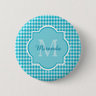 Badge Rond 5 Cm Chic Monogramme Turquoise Houndstooth Avec Nom