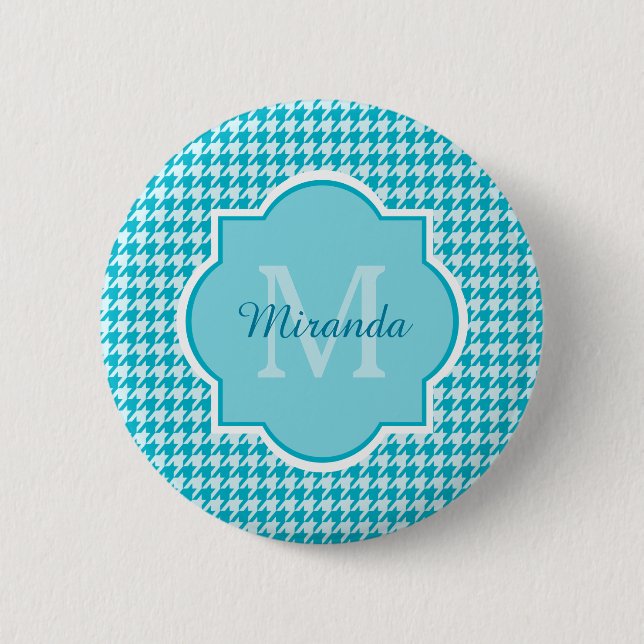 Badge Rond 5 Cm Chic Monogramme Turquoise Houndstooth Avec Nom (Devant)