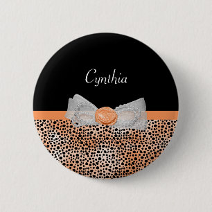 Badge Rond 5 Cm Chic Orange Cheetah Imprimer mignon Rose Bow et no