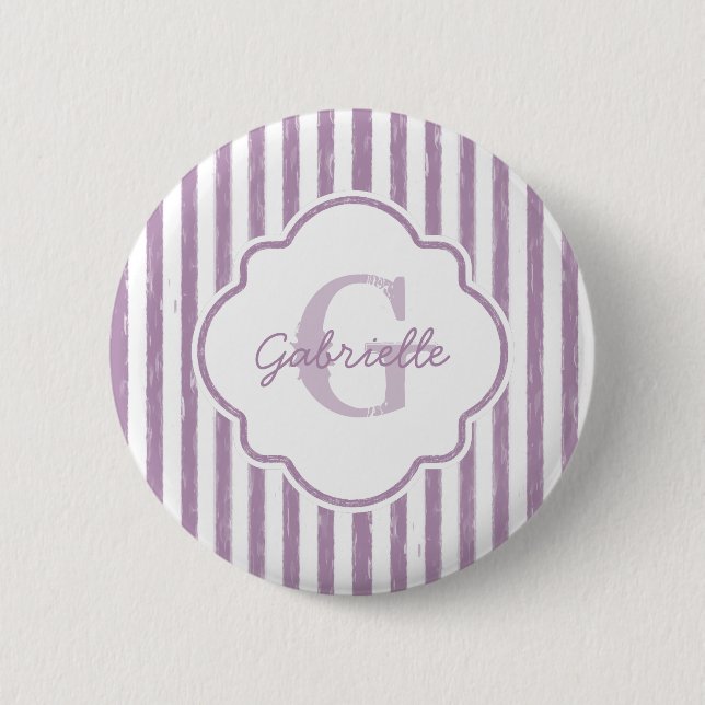 Badge Rond 5 Cm Chic Purple Painted Stripes Monogramme et nom (Devant)