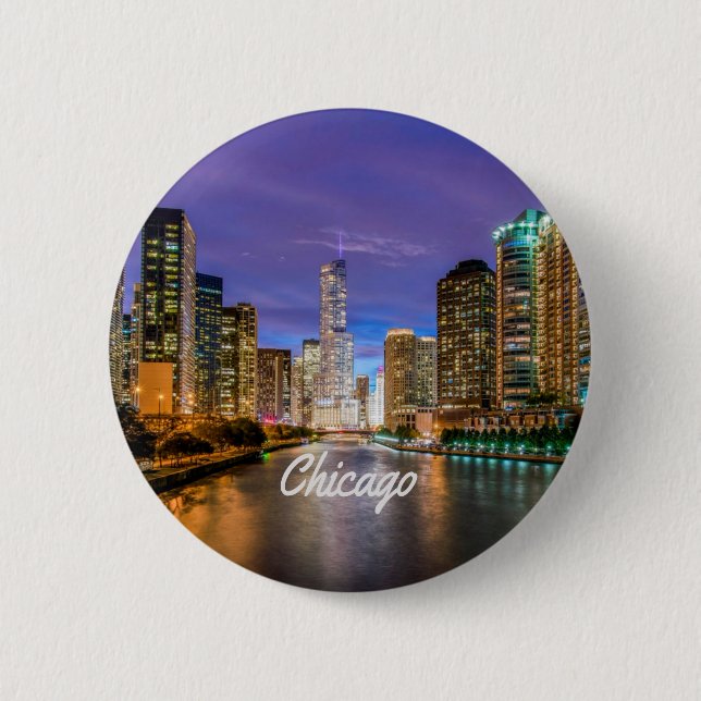 Badge Rond 5 Cm Chicago Illinois City La Nuit (Devant)