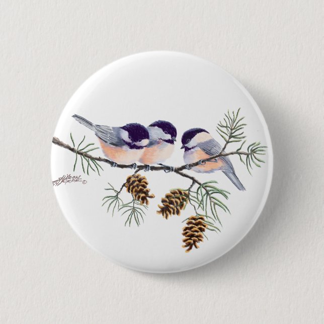 Badge Rond 5 Cm CHICKADEES et PINECONES par SHARON SHARPE (Devant)