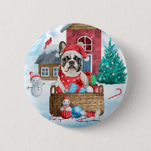 Badge Rond 5 Cm Chien à tête blanche dans la neige Maison de Chien