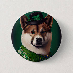 Badge Rond 5 Cm Chien akita en tenue de la Saint Patrick's Day
