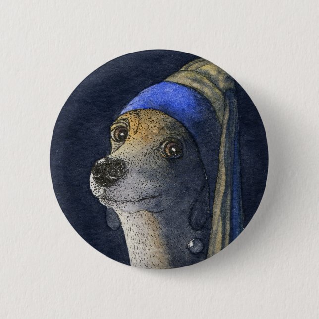 Badge Rond 5 Cm Chien avec une boucle d'oreille de perle (Devant)