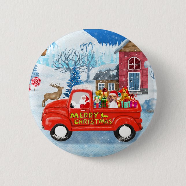 Badge Rond 5 Cm Chien beagle dans la livraison de Noël Camion neig (Devant)