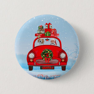 Badge Rond 5 Cm Chien Beagle dans une voiture avec le Père Noël