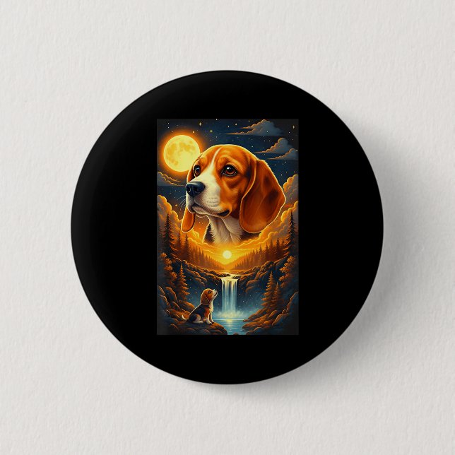 Badge Rond 5 Cm Chien Beagle hurlant à la lune  (Devant)